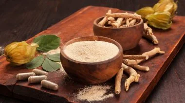Ashwagandha tablets, roots and powders.