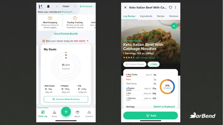 Carb Manager app interface screenshots