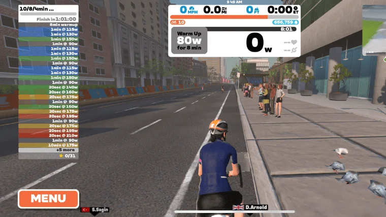 A screenshot of a pre-set FTP workout in the Zwift app.