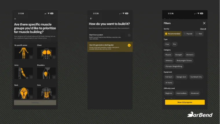 Screenshots from our testing experience with the Boostcamp workout app platform