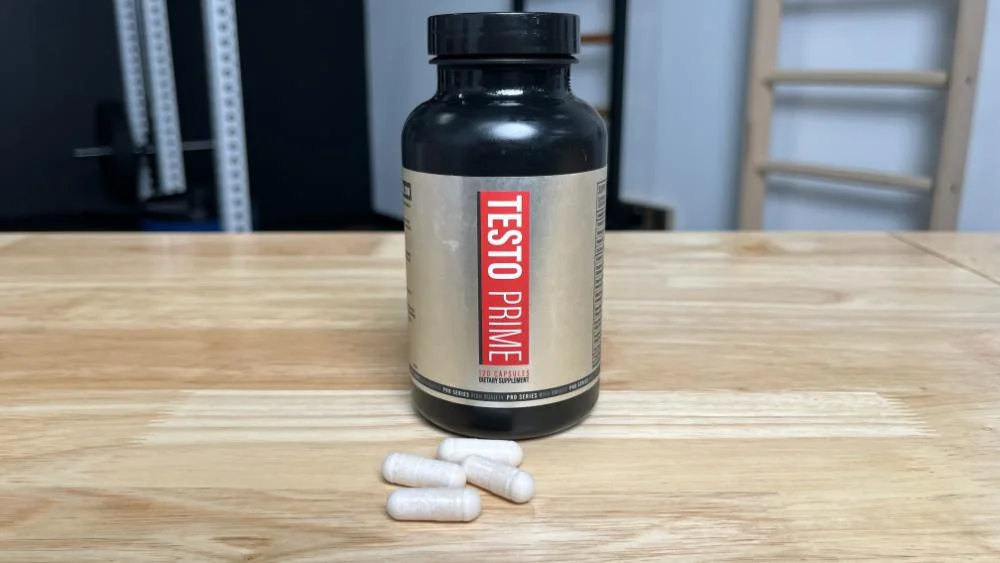 Pills bottle of TestoPrime on counter