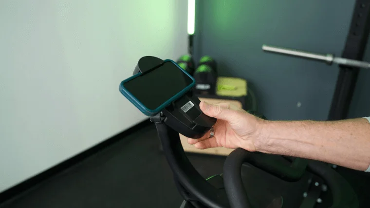 The front media holder featured on the Echelon Connect EX-5 exercise bike.
