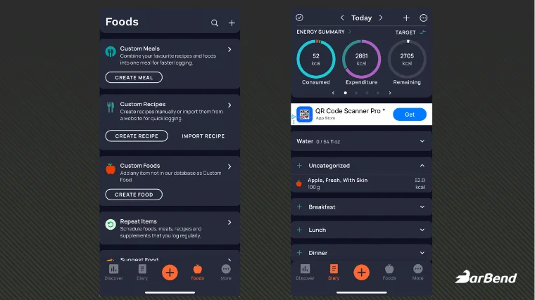 Screenshots from the Cronometer app user interface