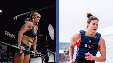 Two athletes are shown competing