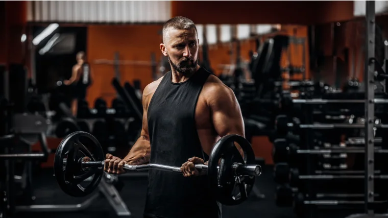 A fit person doing biceps curls with a barbell in the gym.