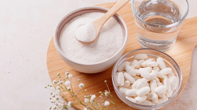 Bowl of pills and powder on a wooden serving tray