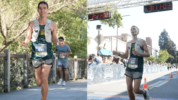 nathan-pinnacle-featherlite-hydration-vest-worn-during-marathon Two images, side by side, of a man who's running a marathon in the FeatherLite 1.5 Liter Hydration Vest.