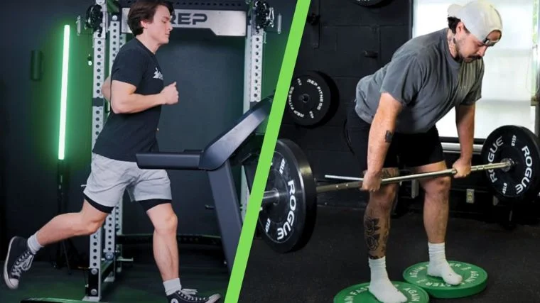 Jake performing cardio exercise and Cooper lifting weights.