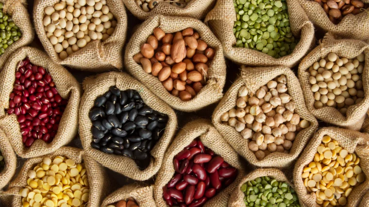 Different seeds in brown sacks.