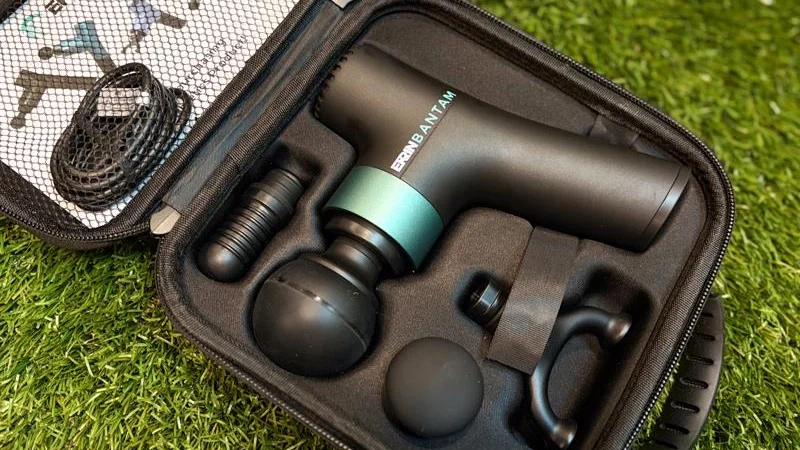 Inside the carrying case for the Ekrin Bantam massage gun