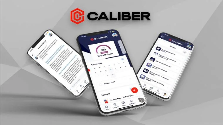 caliber-fitness-app-760-427 Three phones are spread out displaying the Caliber Fitness App with the Caliber logo above