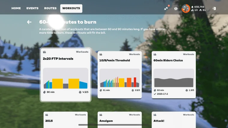A screenshot of the various 60-minute workouts available via the Zwift cycling app. 