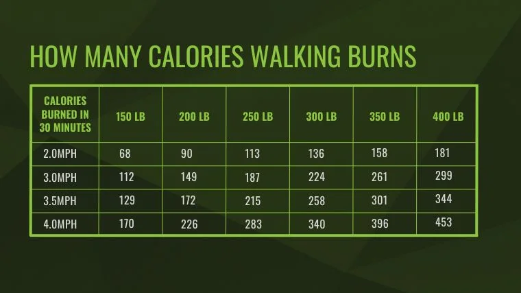 Does Walking Help You Lose Weight?
Here's the chart showing how many calories are burned in 30 minutes.