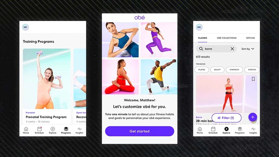 Three screenshots of the online personal training app, obé Fitness, on a black background.