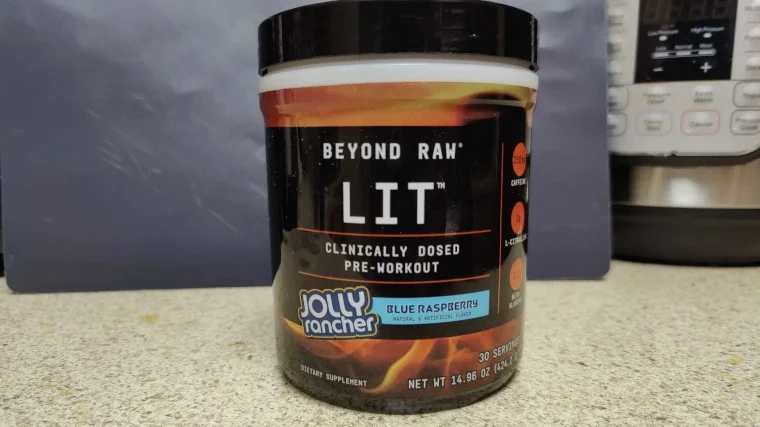 A container of LIT Pre-Workout in our testers kitchen