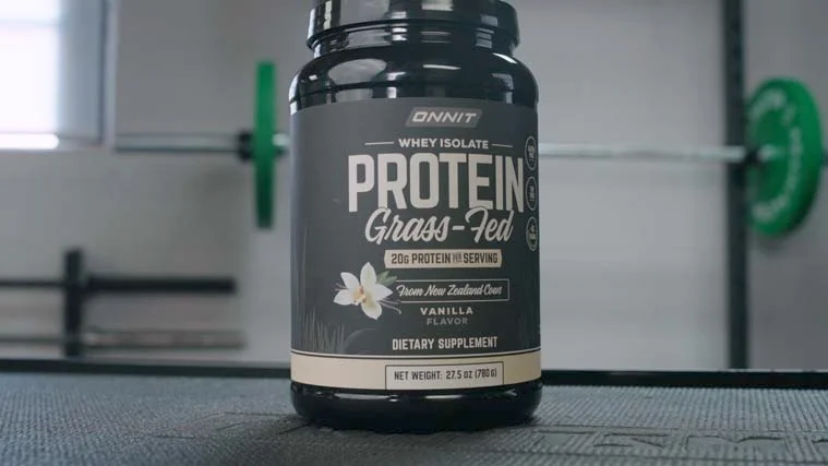Onnit Grass-Fed Whey Isolate in BarBend testing garage