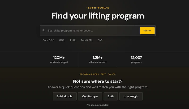 Screenshot of the Boostcamp workout program search feature