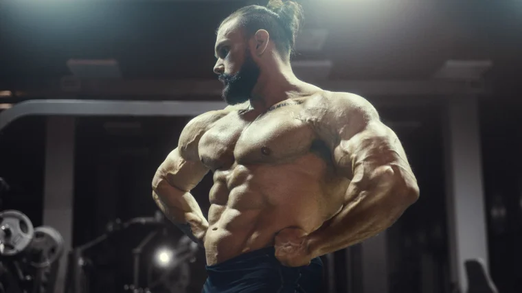 A body builder showing his belly in the gym.