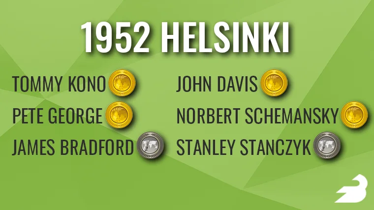 On a green background, text reads: "1952 Helsinki" These names appear with medals next to them:&nbsp;Tommy Kono (gold), Pete George (gold), Stanley Stanczyk (silver), Norbert Schemansky (gold), John Davis (gold), James Bradford (silver, men’s +90-kilogram).