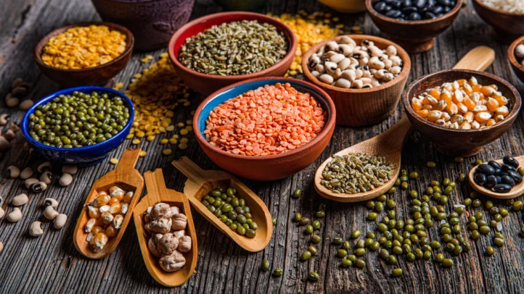 Different legumes in bowls and spoons.