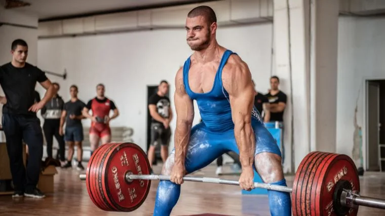 a powerlifter wearing a blue singlet deadlifts from a platform. 