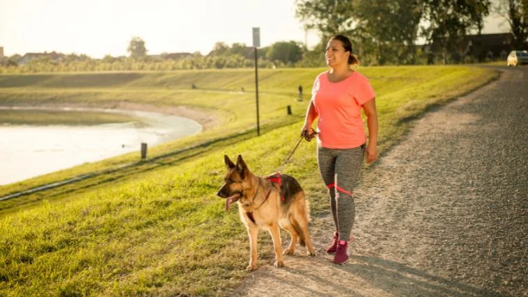 A person walking outside with their dog.