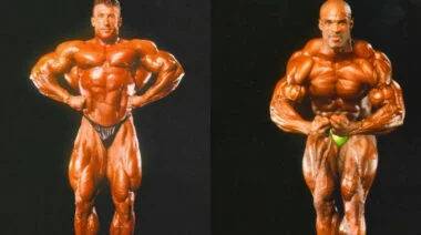 Bodybuilders Dorian Yates and Ronnie Coleman posing against a black background.