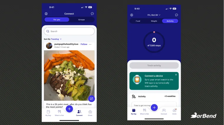 Screenshots from our tester's WeightWatchers app interface