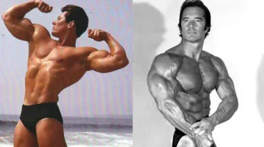 Two bodybuilders posing shirtless.