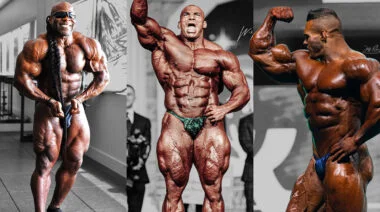 Three bodybuilders pose on stage.