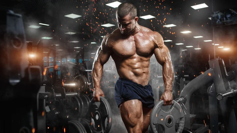 A muscular person carrying weight plates.