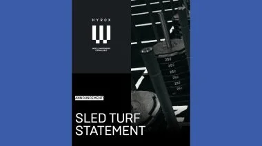 A HYROX World CHampionships banner with the words "Sled Turf Statement"