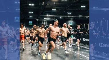 A herd of muscled shirtless men, all running for HYROX.