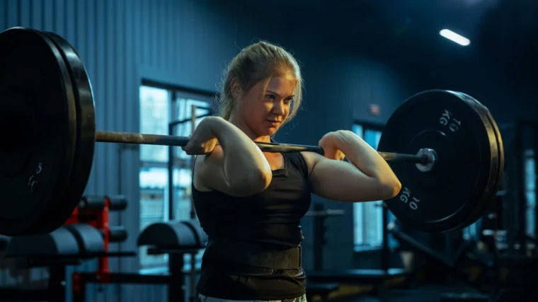 A fit individual lifting a barbell in the gym.