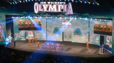 A shot of bodybuilders on the Mr. Olympia stage.