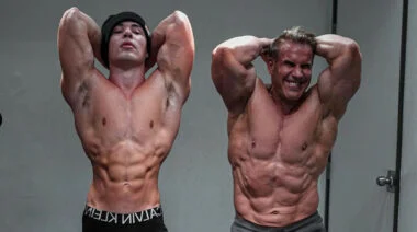 Two bodybuilders posing shirtless