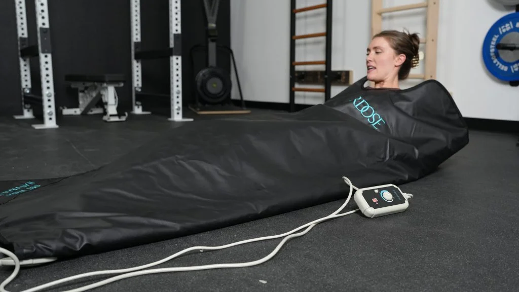 Getting comfortable in the Higher Dose Infrared Sauna Blanket. 