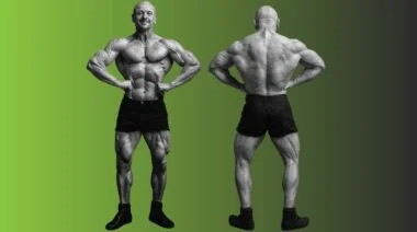 A muscular person, wearing black shorts and shoes, flaring his back muscles from the front and back point of view.