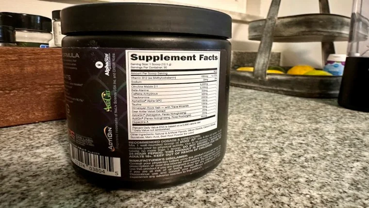 Supplement Facts label on a tub of Bucked Up Woke AF Pre-Workout