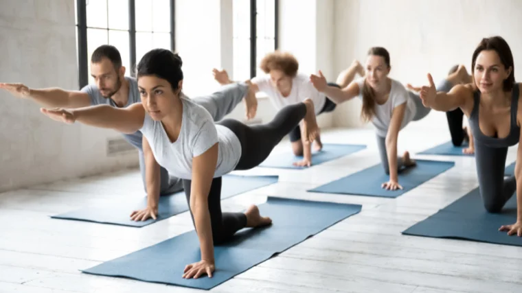 A yoga class performs a bird dog all at once.