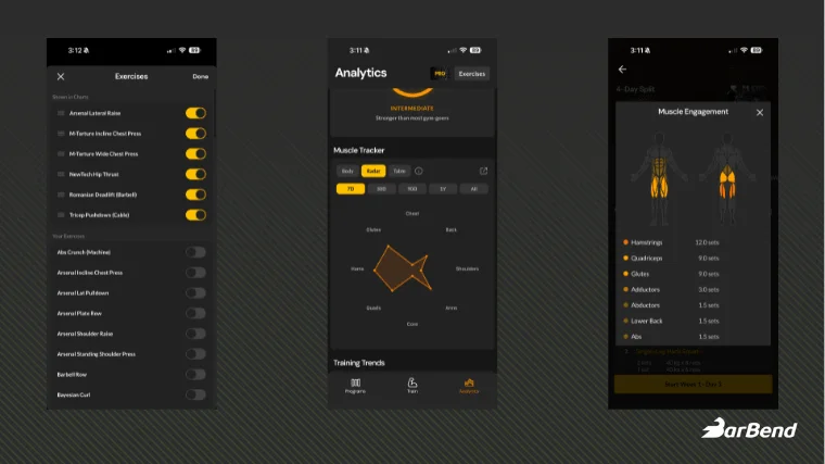 Screenshots from our testing experience with the Boostcamp workout app platform