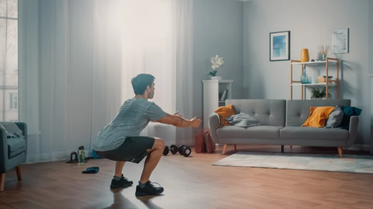 athlete doing squats at home