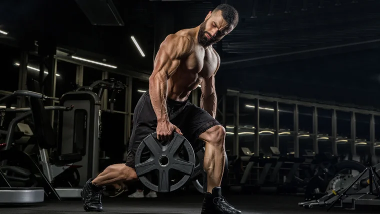 A muscular person lifting weight plates in the gym.