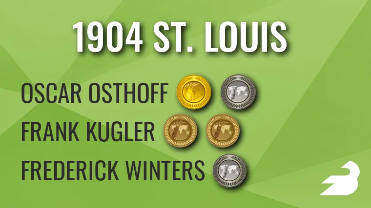 On a green background, text reads: "1904 St. Louis." These names appear with medals next to them: Oscar Osthoff (gold, silver); Frank Kugler (bronze, bronze), Frederick Winters (silver). 