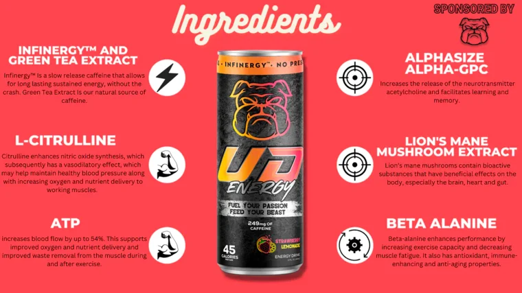 An infographic lists the ingredients in a can of UD Energy.
