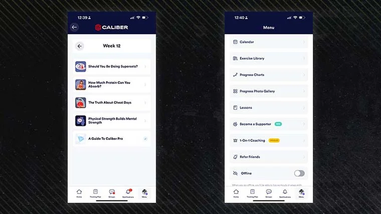 Side-by-side screenshots show features of the Caliber app