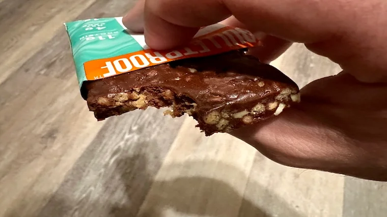 Bulletproof Protein Crisp Bar with a bite taken out
