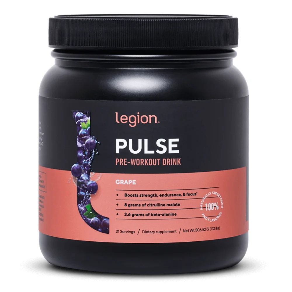 A container of Legion Pulse Preworkout drink.