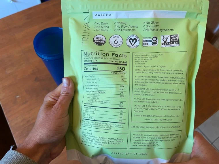 Nutrition Facts label on a bag of Truvani Plant-Based Protein Powder.