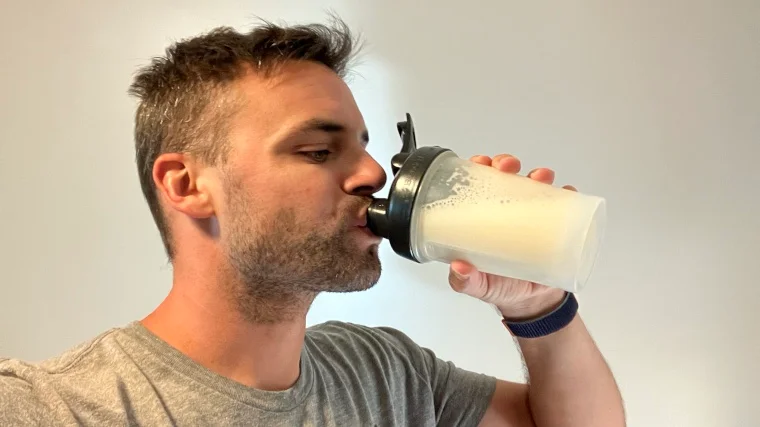 Our tester drinks a True Nutrition Egg White Protein shake